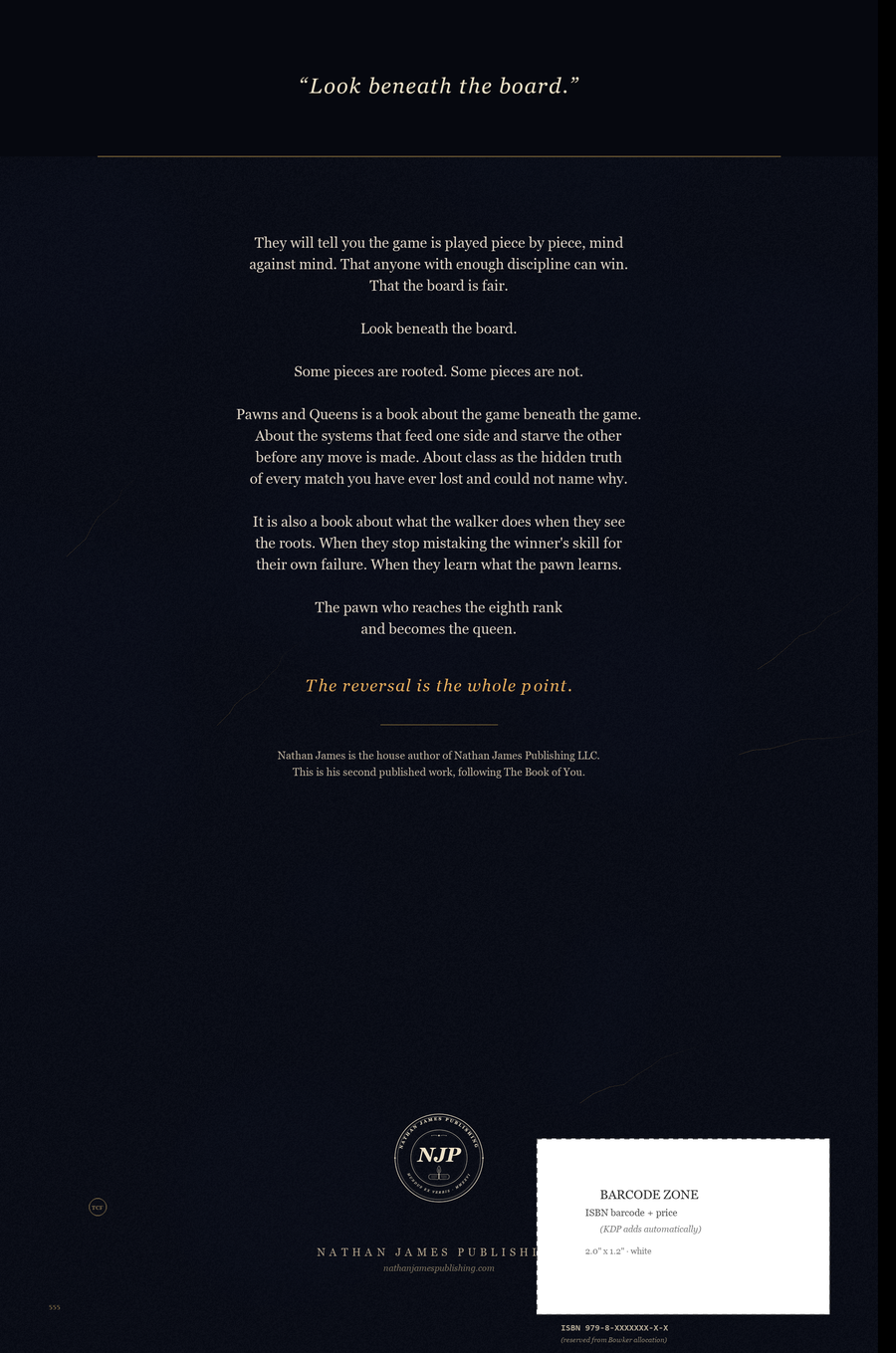 <em>Pawns and Queens</em> back cover